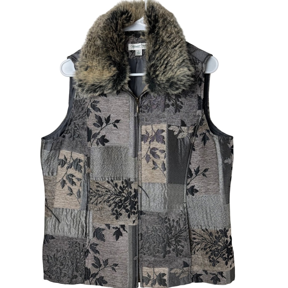 Coldwater Creek Vest Women L Grey Tapestry Patchwork Faux Fur Trim Full Zip